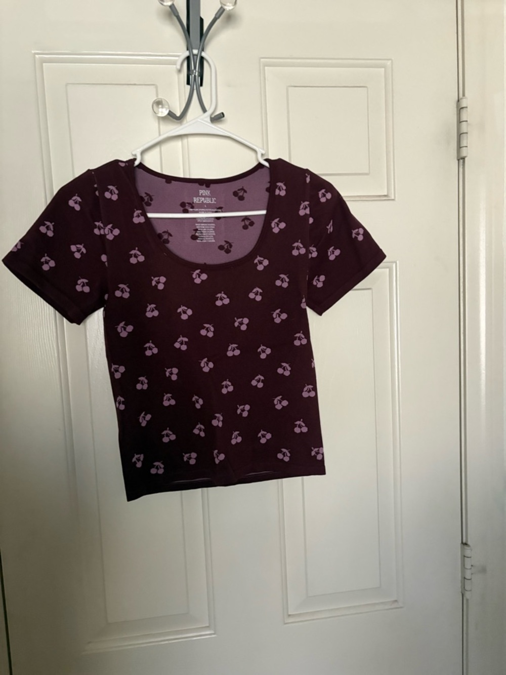 Pink Republic Scoop Neck Crop Top in Plum with Light Pink Cherry Print